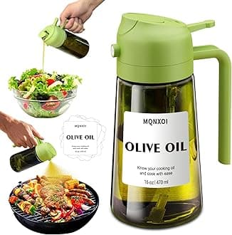 Oil Sprayer for Cooking, 2 in 1 Olive Oil Dispenser Bottle for Kitchen, 16oz/470ml Premium Glass Oil Bottle, Food-grade Oil Mister for Air Fryer, Salad, Frying, BBQ (Green + Dark Green Bottle)