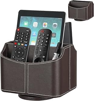 Remote Control Holder, TV Remote Holder, PU Leather | 360 Degree Rotatable | 5 Compartments,Desk Organizer for Glasses, Pens, Pencils, Scissors, Makeup Brush, Brown
