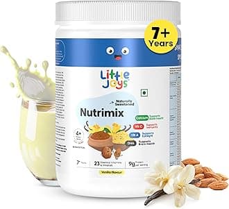Little Joys Vanilla Nutrimix 7+ (350g) | 7-12 Years | Naturally Sweetened with Dates & Jaggery | With 23 Essential Vitamins & Minerals | 9g Protein per Serving | Supports Overall Health & Development | With Ragi, Millet, Almonds & Oats | Vanilla Flavour Nutrition Drink Powder