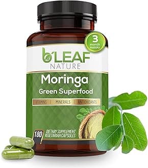 B’Leaf Nature 100% Pure Organic Moringa Oleifera Leaf Powder Capsules I Immune Support I 1000mg per serving I Gluten-Free Non-GMO I Superfood w/ Essential Vitamins & Amino Acids I 180 Veggie Capsules