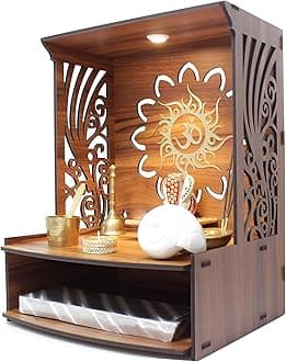 Beautiful Wooden Pooja Stand for Home Pooja Mandir for Home Temple for Home and Office Puja Mandir for with LED Spot Light Size (H- 15.5, L- 11.5, W-11 Inch)