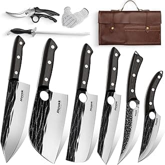 Huusk Knives Set, Serbian Chef Knife Set with Bag, Japanese Kitchen Knives Set, Hand Forged High Carbon Steel Knife Set, Full Tang Knives with Ebony Handle, Christmas Gift for Men and Women