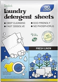 Soulink Laundry Detergent Sheets Up to 80 Loads, Eco Friendly Detergent Strips For Travel & Home - No Plastic Jar Soap Sheets, Plant-Based, Hypoallergenic. Safe P