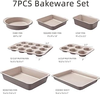 CAROTE 7-Piece Nonstick Stackable Baking Pans Set - Bakeware Sets Including Cookie Sheets for Baking, Muffin Pan, Bread Pan, Cake pan, Loaf Pan, Roasting Pan, Gray & Khaki