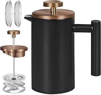 Miuly Coffee Press 1 Cup,Black Stainless Steel French Press Coffee Maker, Double Wall Insulated 350ml/12oz with 2 Filter Mesh Black Coffee Pot Rose Gold Lid