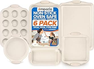 Baking Pan Set - Nonstick Coating, Carbon Steel Bakeware Set with White Silicone Handle, PFOA, PFOS, PTFE Free, Recipe Booklet Included, Oven Safe Tray (Up To 450° F), Set of 6 - White