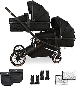 My Babiie MB33 Tandem Pushchair – Birth to 15kg Double Stroller, Twin Convertible Seat, 11 Configurations, Duo Includes Car Seat Adapters, Rain Covers – Black Leopard