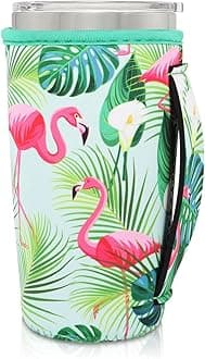 Neoprene Insulated Sleeves Cup Holder with Handle for 20oz Tumbler Cups, Reusable Iced Coffee Sleeve For 30oz - 32oz coffee cups(Tropical Flamingo)