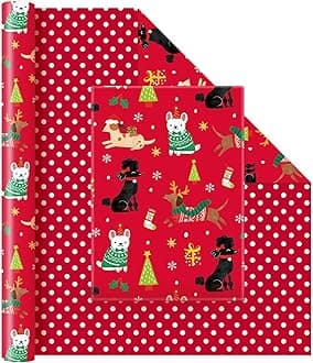 WERNNSAI Dog Christmas Wrapping Paper Jumbo Roll - 1 Roll 17” x 33 ft Puppy Red Kids Christmas Wrapping Paper Birthday Party Gift Funny Christmas Wrap Decoration Polka Dot