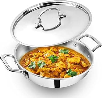 The Indus Valley Triply Stainless Steel Kadai/Kadhai with Steel Lid | Large, 28cm/11 inch, 3.5Ltr, 2.2kg | Induction Friendly | Nonstick 3-Layer Body, 100% Toxin-Free, No Chemical Coating