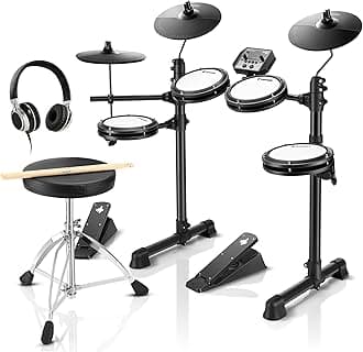 Donner DED-80 Electric Drum Kit, Electronic Drum Sets for Beginner with 4 Quiet Mesh Drum Pads, 2 Switch Pedal, 180+ Sounds, Throne, On-Ear Headphones, Sticks, and Melodics Lessons Included Black