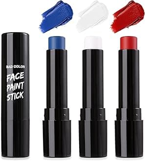 BADCOLOR 3PCS Blue White Red Face Body Paint Stick, Cream Blendable Eye Black for Softball Football Baseball Lacrosse American Flags, Professional Face Painting for Halloween SFX Independence Day