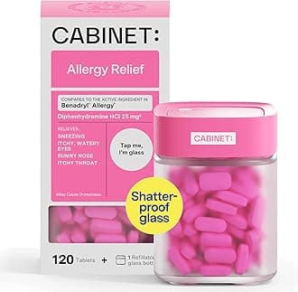Cabinet: Diphenhydramine 25mg Allergy Relief Antihistamine Tablets for Allergies, Hay Fever, and Runny Nose, 120 Tablets (Refillable Glass Bottle)