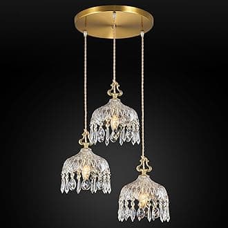 3-Light Pendant Light Fixtures Brass Vintage Glass Pendant Lights Crystal Hanging Light Fixtures,Adjustable Height Pendant Lighting for Dining Room Living Room Bedroom Hallway(Round Chassis)
