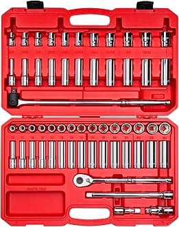 1/2 Inch Drive Shallow and Deep 6-Point Socket and Ratchet Set with Case, 57-Piece (3/8 - 1 in., 10 - 24 mm) | SKT25301