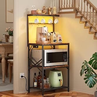 Kitchen Bakers Rack with Power Outlet & LED Lights, Small Coffee Bar Table with Adjustable Storage Shelf, 4 Tiers Microwave Stand with 8 Hooks, Coffee Station for Appliance Organizer, Rustic Brown