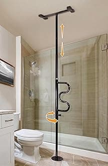Stander Security Pole and Curve Grab Bar, Elderly Tension Mounted Floor to Ceiling Transfer Pole, Bathroom Safety Assist and Stability Rail, Metallic Black