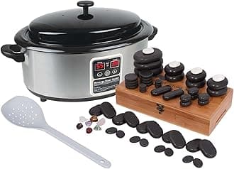 PHYSIQUE Hot Stone Massage Kit with a 6 Quart Digital Stone Heater (Box of 60 Volcanic Basalt Stones) For Home or Professional Use, Spa, Massage Therapy, Sports Massage and Relaxation With Large Spoon
