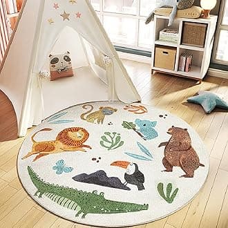 Mofish Anti-Slip Thickened Round Kids Rug, Cute Soft Animal Plush Cartoon Kids Carpet, Children's Crawling Rug Children's Play Mat for Kindergarten Nursery Bedroom Living Room (A,180 * 180cm)