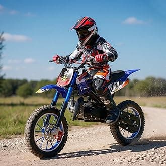 49cc Kids Dirt Bike, 2-Stroke Dirtbike, 40KM/H Gas Power Motocross, Off Road Mini Motorcycle with Front Rear Disc Brakes, Mini Dirt Bike for Kids 5-15 Years Old 5-star quality (Blue)
