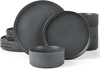 Famiware Star Dinnerware Sets, Plates and Bowls Set for 4, 12 Pieces Dish Set - Chip and Scratch Resistant, Microwave and Dishwasher Safe Kitchen Set, Matte Dark Charcoal