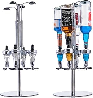 Drinkstuff 4 Bottle Rotary Drinks Dispenser – Optics for Spirits, Rotating Bar Accessories for Home Pub, Drink Dispenser for Spirits & Liquor, Chrome Base