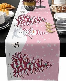 Christmas Table Runner - Cotton Linen 108 Inches, Snowman Rustic Pink Snowflake Bed Runner Dress Scarves, Farm Xmas Tablerunner for Dining/Holiday/Coffee Table 13" x 108"