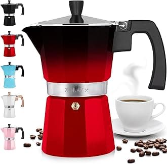 Zulay Kitchen Classic Stovetop Espresso Maker for Great Flavored Strong Espresso, Classic Italian Style 3 Espresso Cup Moka Pot, Makes Delicious Coffee, Easy to Operate & Quick Cleanup Pot (Black/Red)