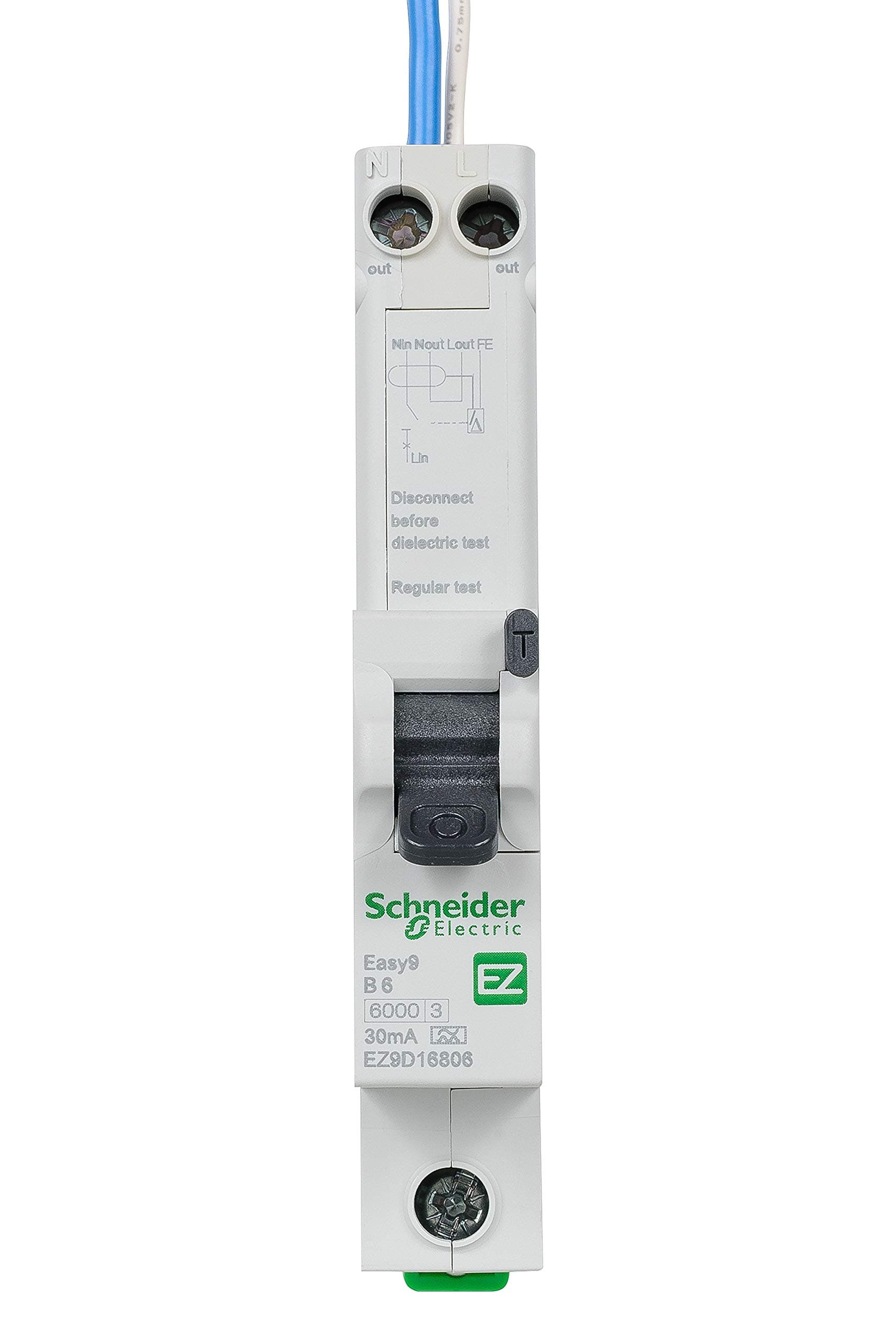 – Schneider Electric - Easy9, RCBO Residual Circuit Breaker with Overcurrent Protection, 1 Pole, 6A, 30mA, Type A, B Curve, EZ9D16806