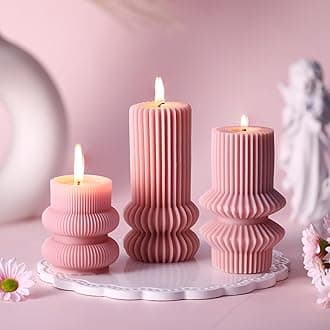 MTLEE 3 Pcs 4.7, 4.2, 3.2 in Height, Small Ribbed Pillar Candles Scented Aesthetic Modern Decorative Soy Wax Candles for Wedding Dinner Christmas Home Decor(Pink)