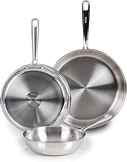T-Fal Pro Tri-Ply Stainless Steel Cookware Set, 3-Piece Induction Cookware, Oven Safe 500F, Fast & Even Heat, Professional Quality, Durable Pots and Pans Set, Fry Pan, Silver