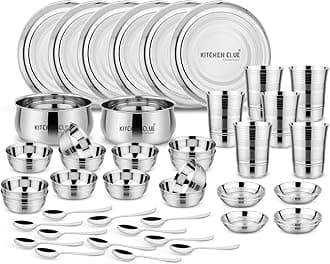 KITCHEN CLUE Premium Grade Quality Stainless Steel Dinner Set of 44 Pcs, Silver Touch Design - Attractive & Stylish Looks - Add Grace to Your Kitchen - Exclusive Kitchen Set for Home - Highly Durable