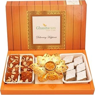 Ghasitaram Gifts Indian Sweets - Diwali Gifts Diwali Sweet - Kaju Katli, Dodha Barfi and T-Lite