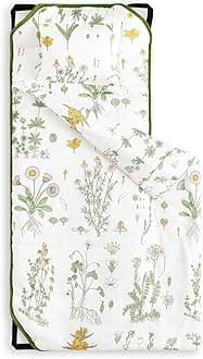 Wake In Cloud - Cot Nap Mat with Pillow and Blanket, for Toddler Kids Boys Girls in Daycare Kindergarten Preschool Pre K with Elastic Corner Straps, Floral Botanical Flowers, White Green