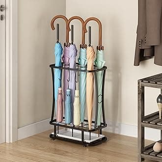 Wisdom Star Umbrella Stands for Outdoors, Metal Umbrella Stands for Entryway with Removable Drip Tray and 6 Hooks, Industrial Free Standing Umbrella Rack Organizer, Holds 10 Umbrellas, Black