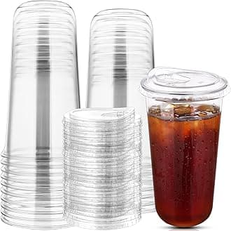 50 Sets Disposable Stemless Glasses With Strawless Sip Lids,PET Drinking Cups,Clear Plastic Coffee Cups for Iced Coffee, Smoothie, Cold Beverage, Drink Shop and Christmas Party Supply (Clear, 24 oz)