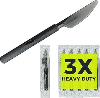 3X Heavy Duty Plastic Knives Individually Wrapped, Sturdy Like Silverware, 100 Pack Black Disposable Plastic Knives Bulk, Packaged To-Go Utensil Set, Perfect for Restaurant, Take Out and Catering.