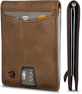 Bryker HydeRFID Blocking Slim Minimalist ID Inside Front Pocket Wallet, Money Clip, 9 Slots, Leather (Texas Brown w/Pull Out Tab)