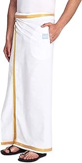 Gowri Tex Men's 100% Pure Cotton Welcro Pocket Lungi White With Gold Jari Lungi in Size 2 Mtrs Single Lungi- Pack Of 1 (Velcro Pocket Lungi), Velcro Pocket Lungi, Free Size, Velcro Pocket Lungi, Free