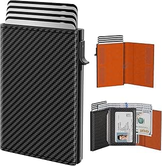 typecase Mens Wallet Card Holder: Pop Up Aluminum Case, Carbon Fiber Leather, Smart, RFID Blocking, Slim, Minimalist, Front Pocket - 9-14 Card Capacity | ID Window | Cash Slot (Orange)