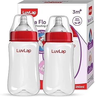 Luv Lap Anti-Colic Wide Neck Natura Flo Baby Feeding Bottle, 250ml (Pack of 2), New Born/Infants/Toddler upto 3 years, BPA Free, Pack of 2, White & Red