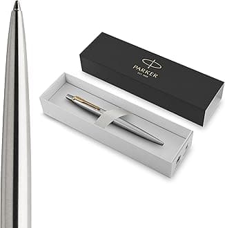 Parker Jotter Ballpoint Pen | Stainless Steel with Golden Trim | Medium Point | Handwriting Pens & Stationery Supplies | Blue Ink | Gift Box
