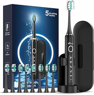 Rtauys M5 Sonic Electric Toothbrush for Adults and Kids - Rechargeable Toothbrush with Electric Toothbrush Cover, 8 Brush Heads & Travel Case, 120 Days Battery Life - BlackSilver