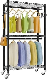 VIPEK R2 Mini Rolling Clothes Rack Heavy Duty Clothing Rack for Hanging Clothes Adjustable Portable Closet Metal Clothes Rack with Wheels Double Rods Side Hooks, Freestanding Closet Wardrobe, Black