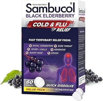 Sambucol Cold and Flu Relief Tablets - Homeopathic Black Elderberry Cold Medicine, Drowsy Free Remedy for Adults with Zinc, Quick-Dissolving Tablets for Men and Women - 60 Count