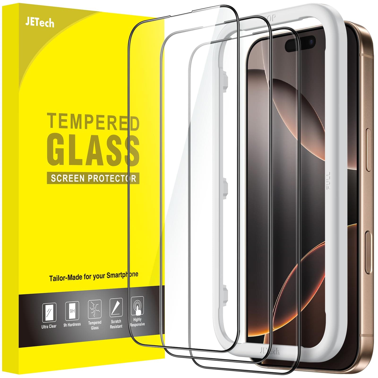 Full Coverage Screen Protector for iPhone 16 Pro Max 6.9-Inch, Black Edge Tempered Glass Film with Easy Installation Tool, Case-Friendly, HD Clear, 3-Pack