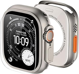 amBand Metal Case Screen Protector for Apple Watch Ultra 3/Ultra 2/Ultra 49mm, W3 Rugged Bumper Thin Frame with 9H Tempered Glass Film & Back Cover, [Waterproof] [Band Compatible], Natural Titanium