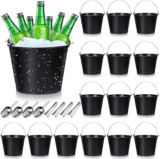 - Zopeal 24 Pcs Galvanized Beer Buckets Set, 16 Metal Pails with 4 Scoops & 4 Tongs, 7 Inch Rustic Ice Bucket for Parties, Wedding Centerpieces, Planters, Candy Buffet & Event Decor (Matte Black)