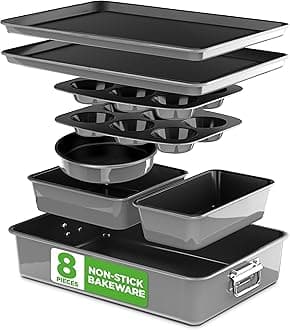 Nonstick Stackable Bakeware Set 8-Piece, PFOA PFOS PTFE Free, Oven Safe up to 232°C, Includes Round Cake, Loaf, Muffin, Square, Cookie Trays, Kitchen Cookware Baking Set (Grey)