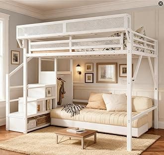 - Queen Size Loft Bed with Stairs and Storage, Metal Loft Bed Frame with Bedside Shelf and Large Under-Bed Space, Heavy-Duty Beds for Adults Teens and Kids, White